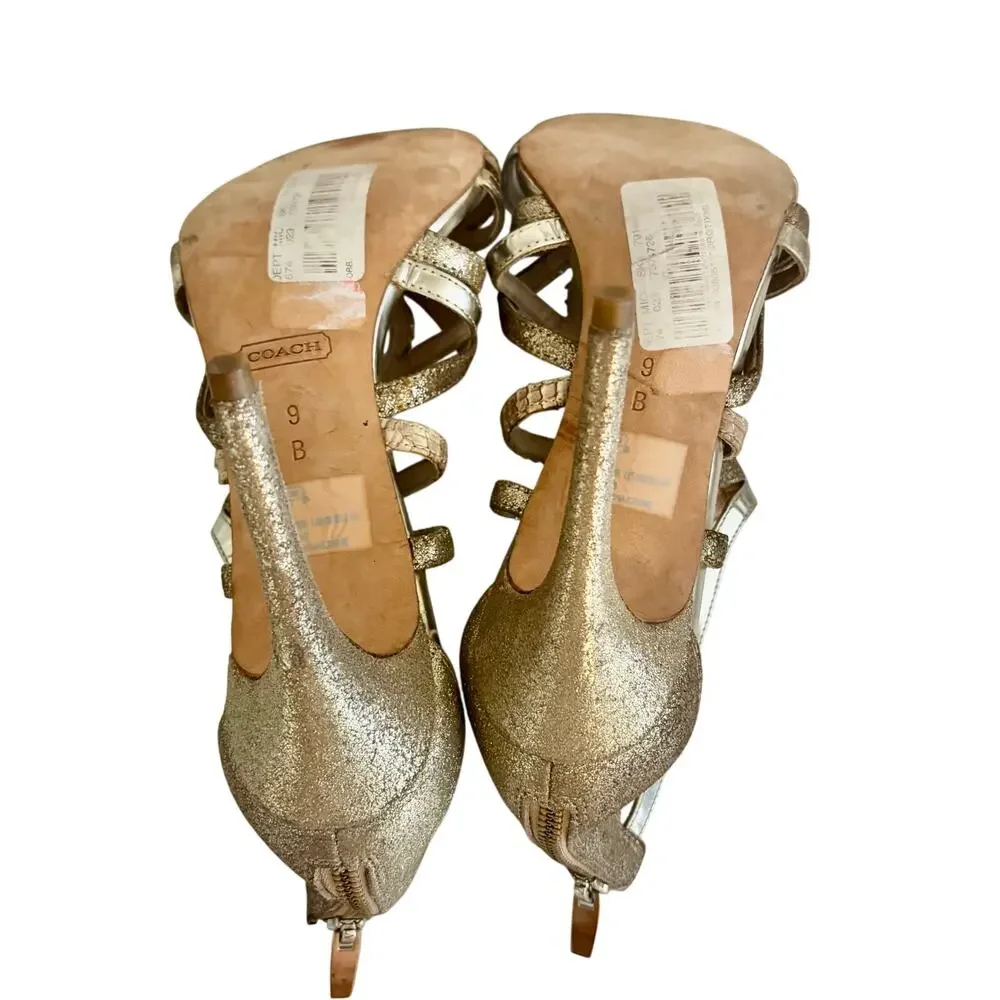 COACH Lancaster Metallic Leather Strappy Cage Gladiator Heel Sandals Luxury 9